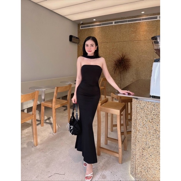 ĐẦM BODY DÁNG DÀI ĐUÔI CÁ CHÉO DÂY CỔ,MẶC 2 KIỂU