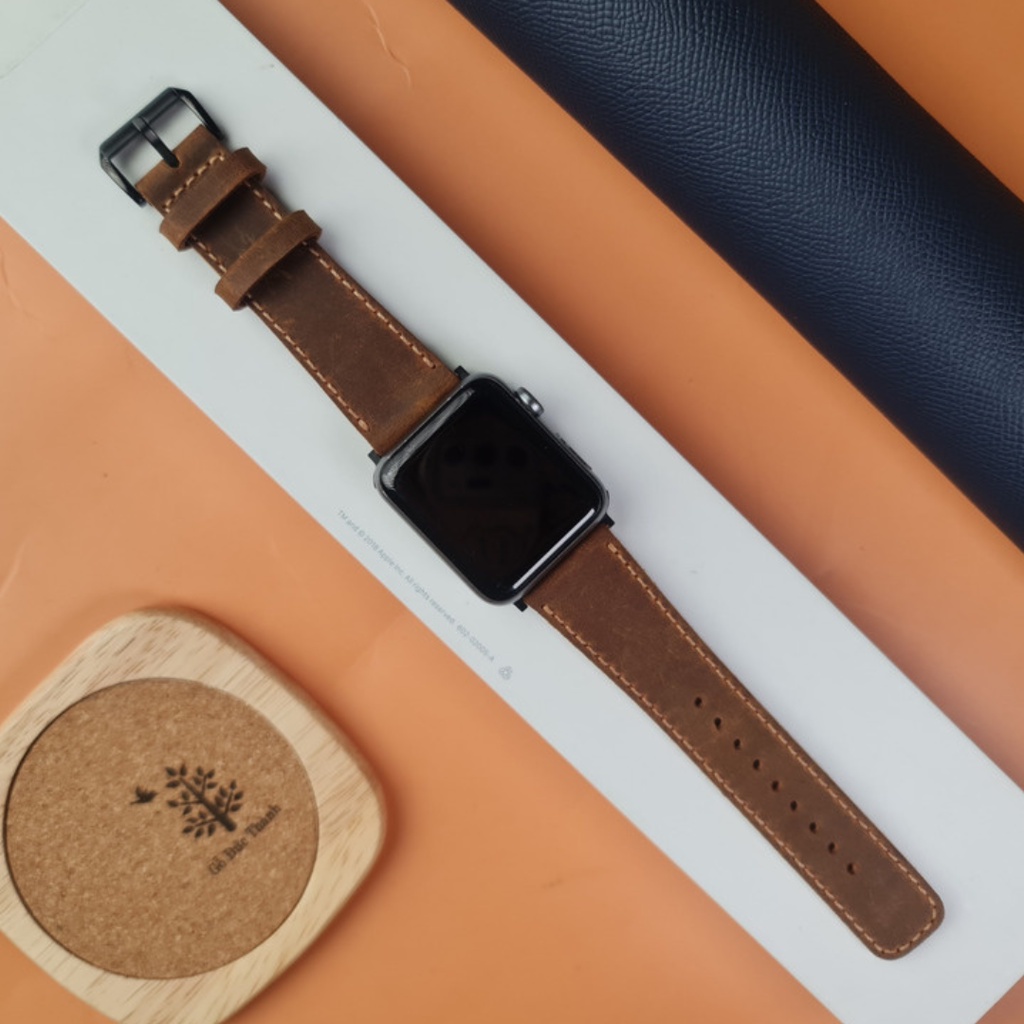 Dây da Daisy nâu đất chất liệu da sáp dành cho Apple Watch, đồng hồ cơ, pin size 20MM,22MM,24MM