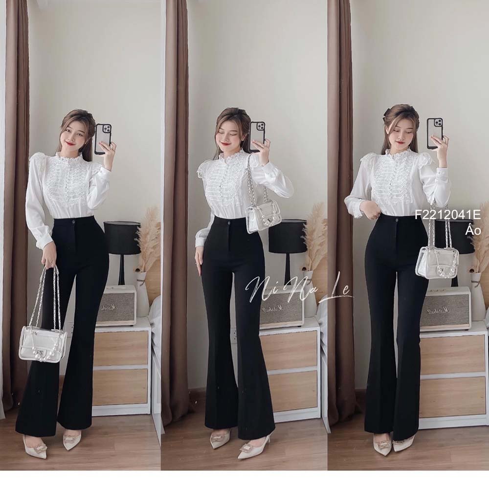 Áo sơ mi trắng phối ren đính khuy ngọc vai đắp bèo tay dài!