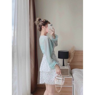 Sét áo voan kèm đầm xốp in hoa nhí siêu dễ thương trẻ trung