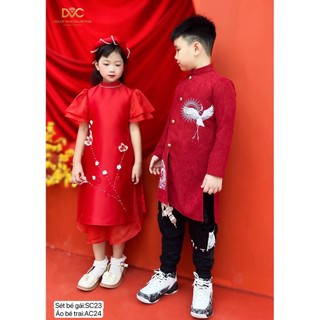 Áo dài bé trai nhung đỏ họa tiết con cò thiết kế cao cấp AC24- DVC