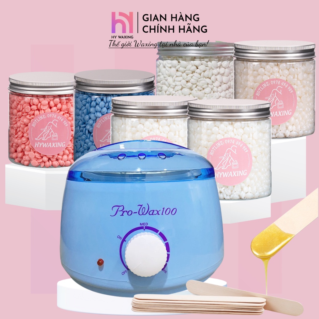 [CHE TÊN] Combo Nồi Nấu Sáp Wax Lông Prowax100 Cao Cấp + 100gr Sáp Premium Tặng 5 Que HY WAXING