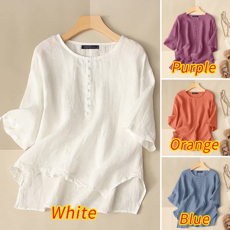 Áo nữ ZANZEA tay lửng cổ tròn phối nút phong cách đường phố Hàn Quốc