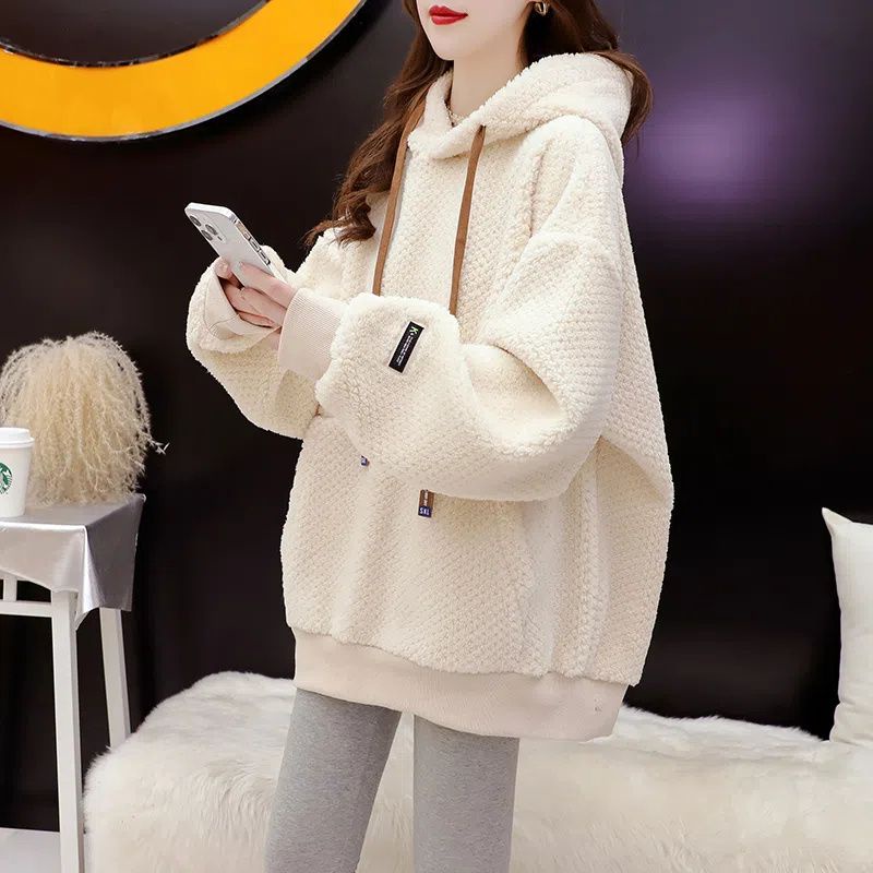 Áo Hoodie Lót Lông Cừu Dày Dặn Dáng Rộng Thời Trang Thu Đông Năm Mới 2022 Cho Nữ