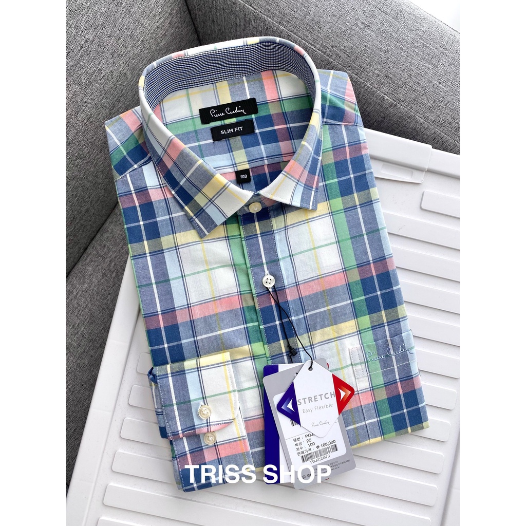 Áo sơ mi nam dài tay họa tiết caro cao cấp Pierre cardin 12 vải cotton chống nhăn form slimfit