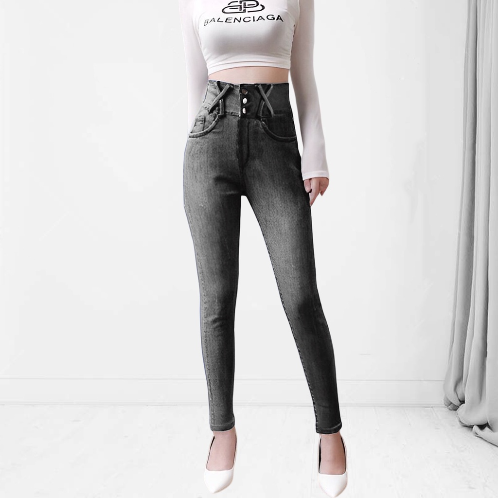 Quần jean skinny nữ vải cao cấp bigsize 3 cúc lưng cao đai chéo dài 98cm co giãn tốt