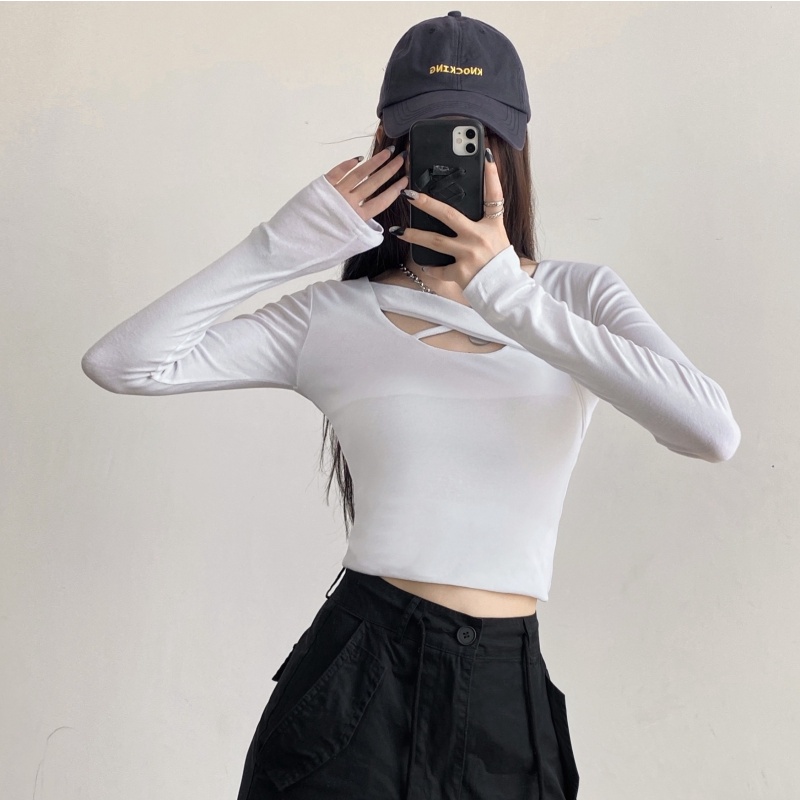 ZHELIHANGFEI Áo Thun Dài Tay Lưng Cao Ôm Dáng Gợi Cảm Dành Cho Nữ