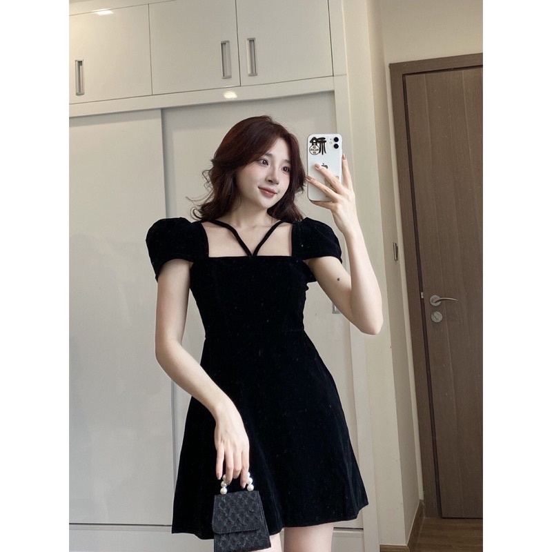 (100% hình thật do shop chụp) {YAME BY THUY TRAN} VÁY NHUNG ĐAN DÂY FORM CHỮ A (V61)