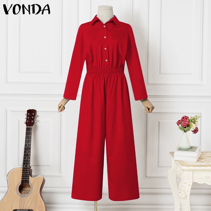 Áo liền quần VONDA tay dài cổ bẻ cài khuy màu trơn eo co giãn ống rộng thời trang vintage dành cho nữ