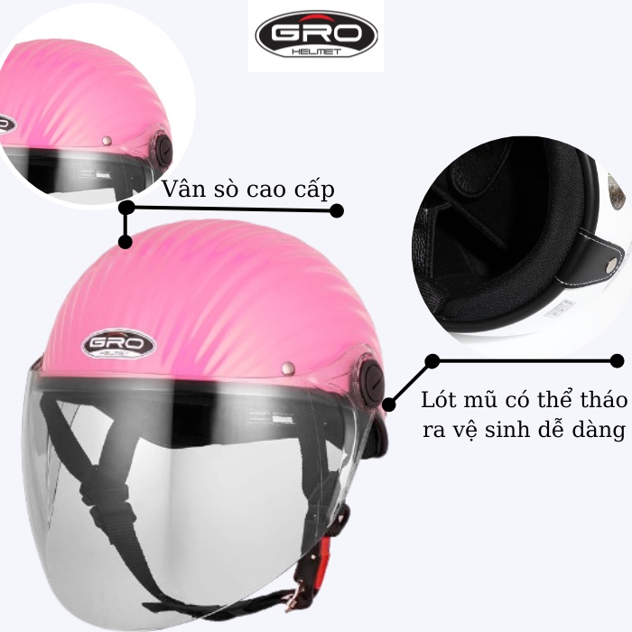 Mũ bảo hiểm nửa đầu có kính dài GRO HELMET haly dáng vỏ sò, sơn màu thời trang đẹp cho nam và nữ