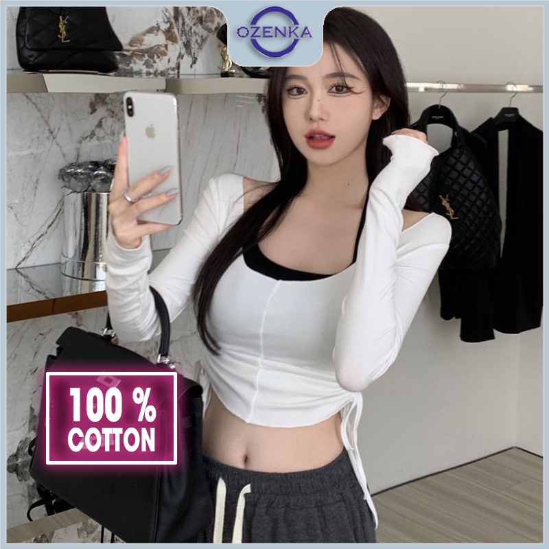 Áo croptop tay dài rút eo ôm nữ OZENKA, áo crt cổ vuông 2 lớp cải màu đen trắng dưới 55 cân