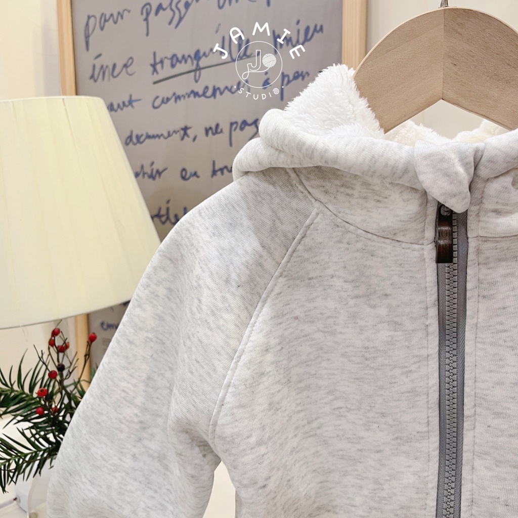 Áo Khoác Lót Lông Cừu Kéo Khóa Trơn Màu Có Mũ Ấm Áp Cho Bé Trai và Bé Gái