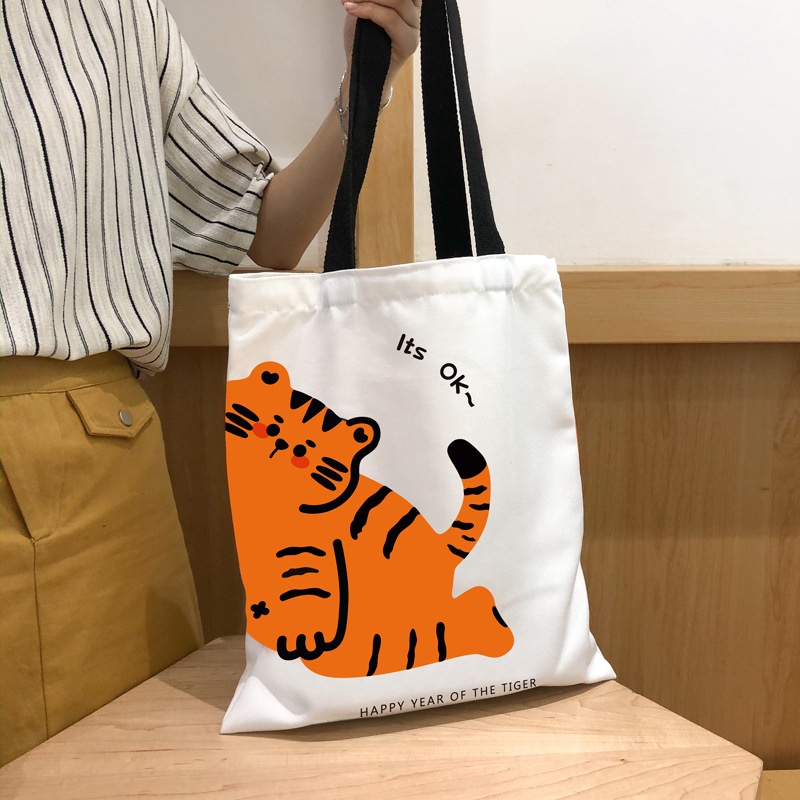 Túi Tote Vải Canvas Cỡ Lớn Có Khóa Kéo In Hình Chú Hổ Dễ Thương Cho Nữ