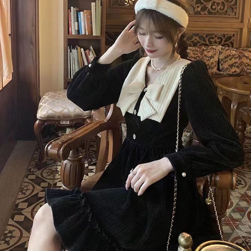 IELGY IELGY Đầm Đen Thắt Nơ Phong Cách Pháp Cổ Điển Cho Nữ