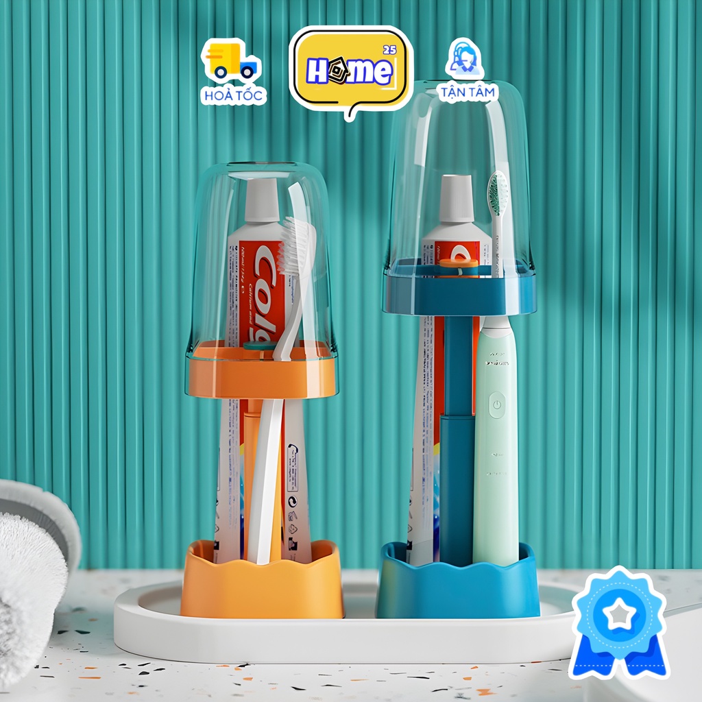 Kệ cắm bàn chải đánh răng bàn chải điện 3 ngăn kèm cốc súc miệng Xanh/ Trắng