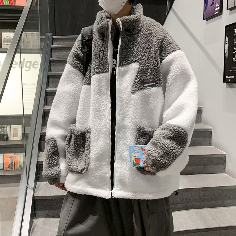 Áo Khoác Lông Cừu Cao Cấp Dáng Rộng Phối Màu Tương Phản Có Khóa Kéo Thời Trang Mùa Đông Phong Cách Hàn Quốc Cho Nam