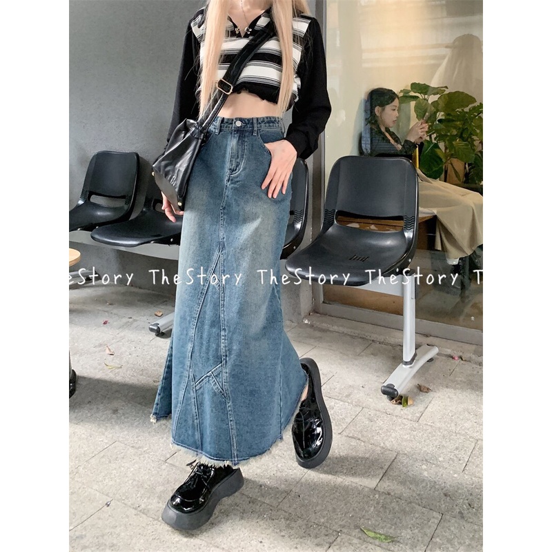 Chân váy jean dài có tua rua dưới gấu  CV354, CV356