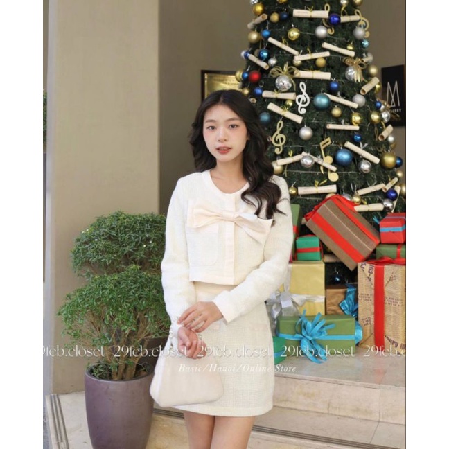 SET DẠ TRẮNG VIỀN NƠ PHI KÈM CHÂN VÁY