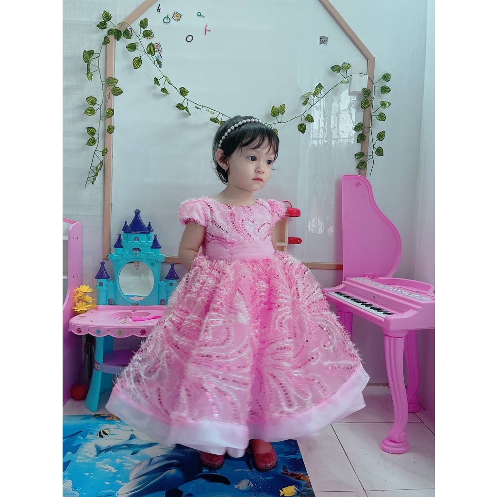 Đầm Công Chúa Bé Gái Dễ Thương Dự Tiệc Lông Tua Rua Thương Hiệu Thời Trang Trẻ Em Cao Cấp MK