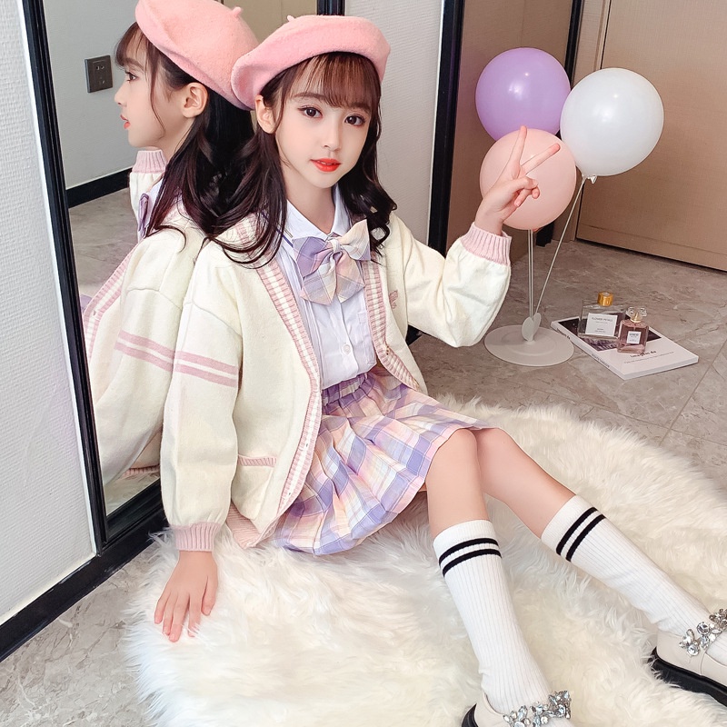 Bộ Đồng Phục 6 Món Áo Khoác Cardigan Phối Chân Váy Kiểu Phương Tây Thời Trang Xuân Thu Cho Bé Gái 8 9 10 Tuổi