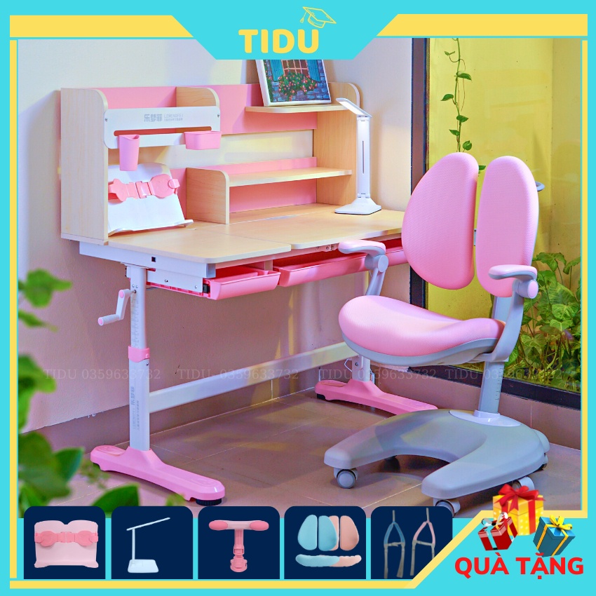 Bộ bàn ghế cho học sinh chống gù, chống cận thông minh có kệ sách nâng hạ tay quay size to 110cm Tidu D110 cao cấp