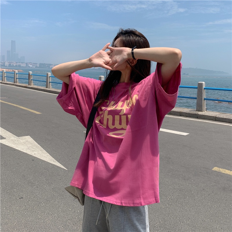 IELGY  IELGY Áo Thun Tay Ngắn Dáng Rộng In Chữ Phong Cách Mỹ Thời Trang Cho Nữ