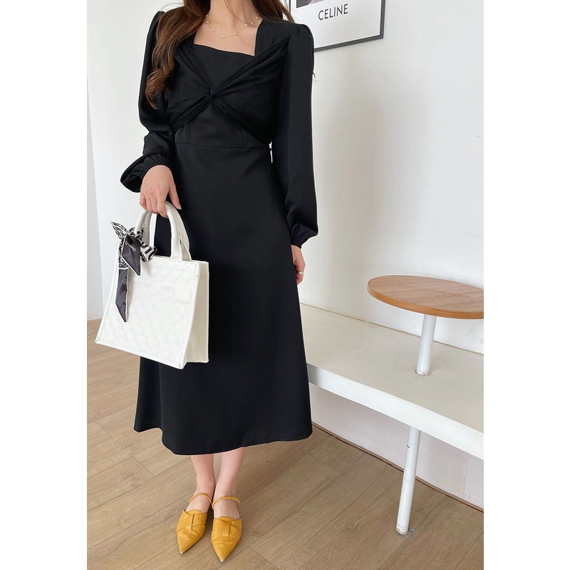 Đầm Tay Phồng Phối Lưới Thắt Nơ Nhấn Eo Thanh Lịch Kiểu Pháp