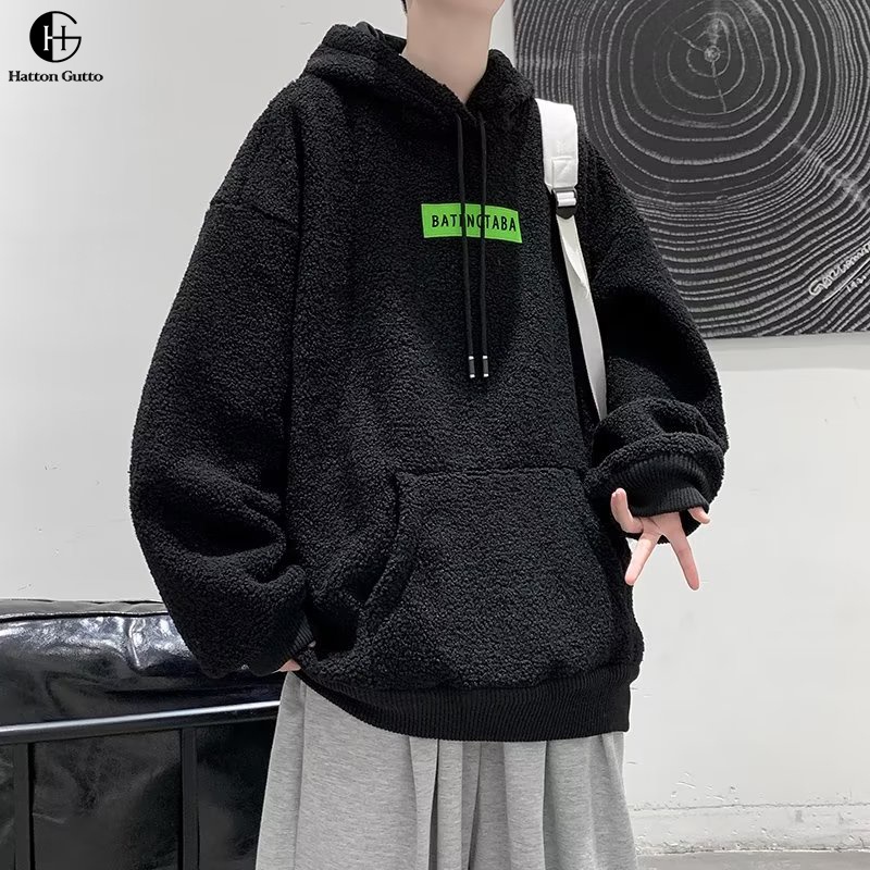 Hattongutto COD OOTD Áo Khoác hoodie Lông Cừu Dày Dặn Dáng Rộng Thời Trang Thu Đông Cho Nam Giới