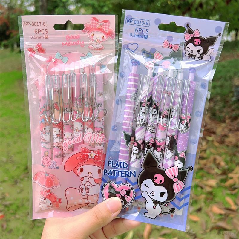 SANRIO Set 6 Bút Mực gel Ngòi 0.5mm Vỏ Kim Loại Họa Tiết Trái Tim Xinh Xắn