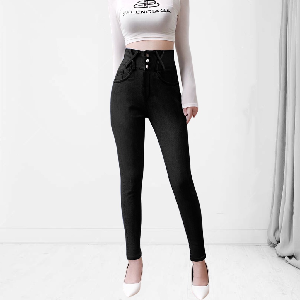 Quần jean skinny nữ vải cao cấp bigsize 3 cúc lưng cao đai chéo dài 98cm co giãn tốt