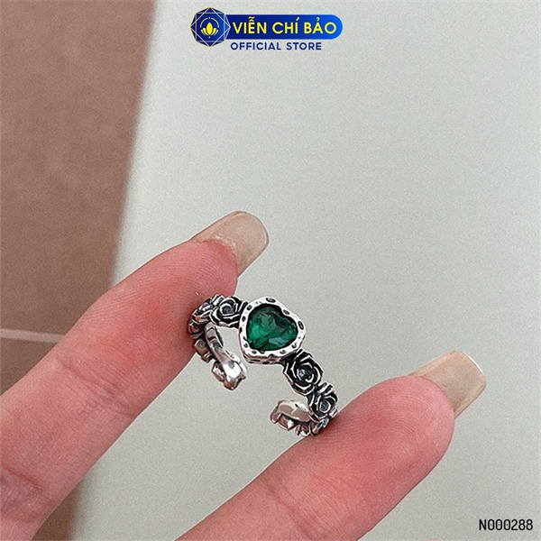 Nhẫn bạc nữ hoa hồng trái tim xanh chất liệu bạc 925 thời trang phụ kiện trang sức Viễn Chí Bảo N000288