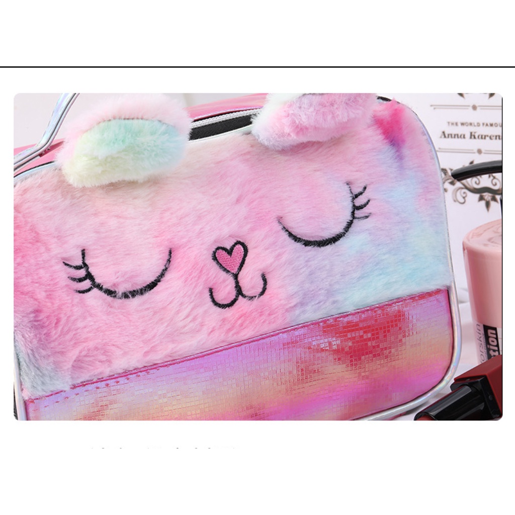 Túi Bông Đựng Mỹ Phẩm Có Khóa Kéo Họa Tiết Hoạt Hình Dễ Thương