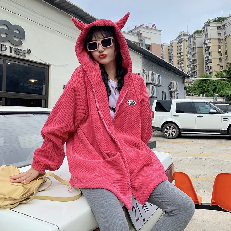IELGY IELGY Áo Hoodie Dáng Rộng Có Khóa Kéo Hình Bánh waffle Cho Nữ