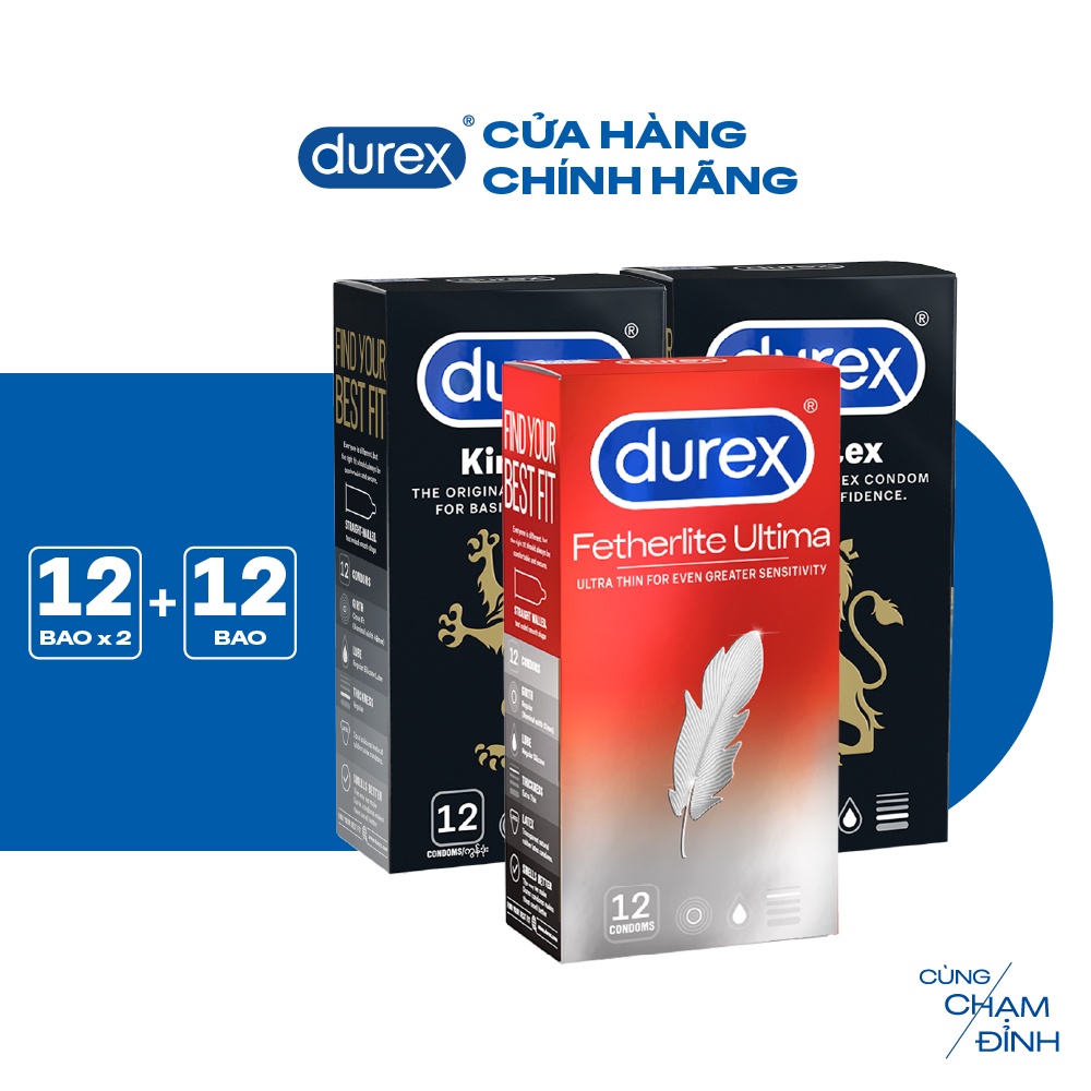 Bộ 2 hộp bao cao su Durex Kingtex ôm sát size 49mm và 1 hộp Durex Fetherlite Ultima siêu mỏng size 52mm, hộp 12 bao