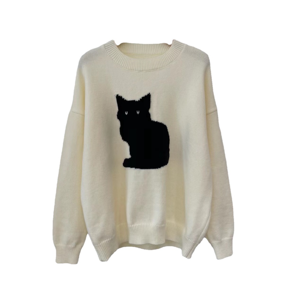 DIDIKA Áo len Áo Sweater Cổ Tròn Họa Tiết Mèo Thời Trang Mùa Thu Mới