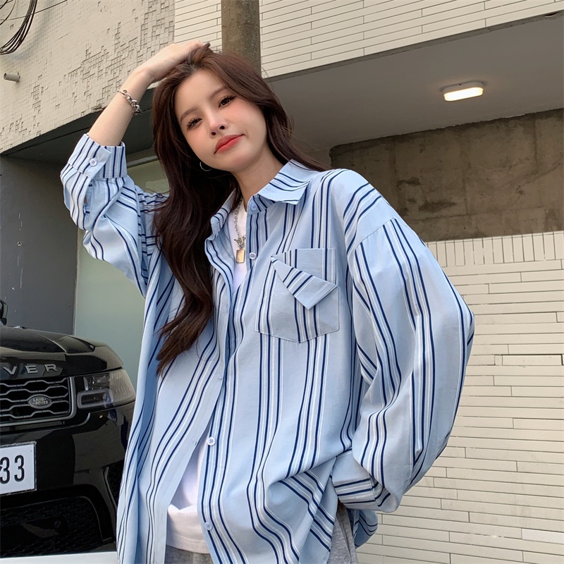 Áo sơ mi SUXI tay dài quá cỡ họa tiết kẻ sọc phong cách Hàn Quốc thời trang đơn giản dành cho nữ