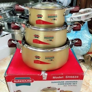 Bộ nồi sunhouse sh6634, bộ nồi anod sunhouse 3 chiếc chất liệu nhôm dùng bếp gas, bếp hồng ngoại, siêu bền