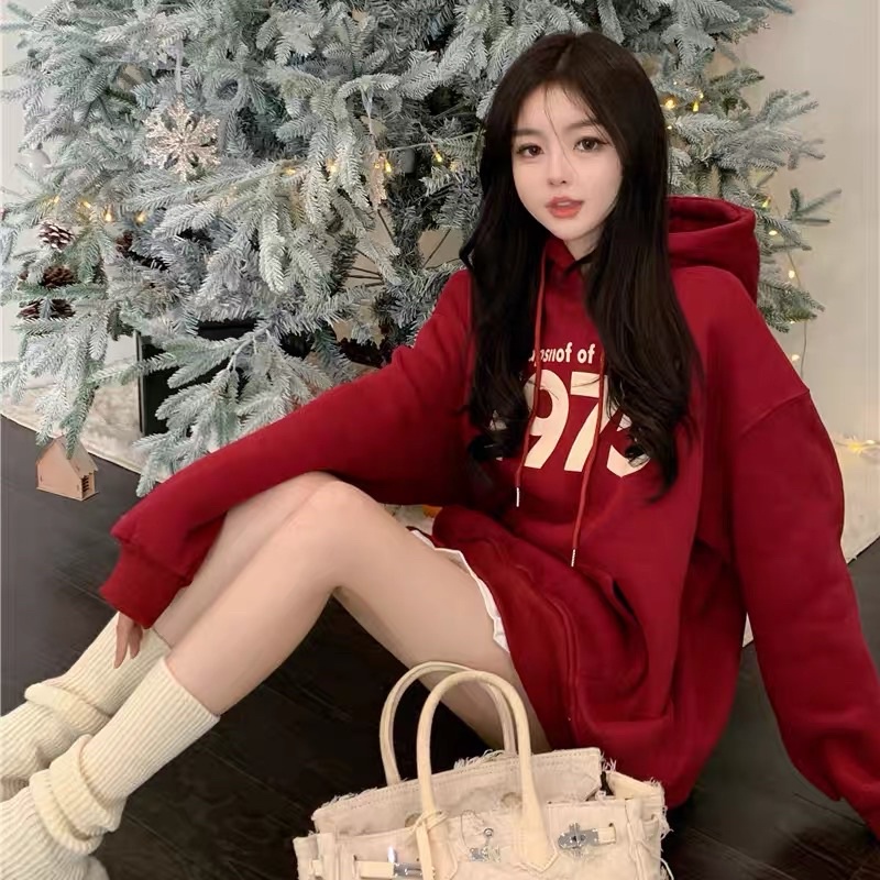 Áo Hoodie Tay Dài Nỉ Bông Màu Đỏ 1975 Xinh Xắn Nhìn Là Thấy Xuân Về
