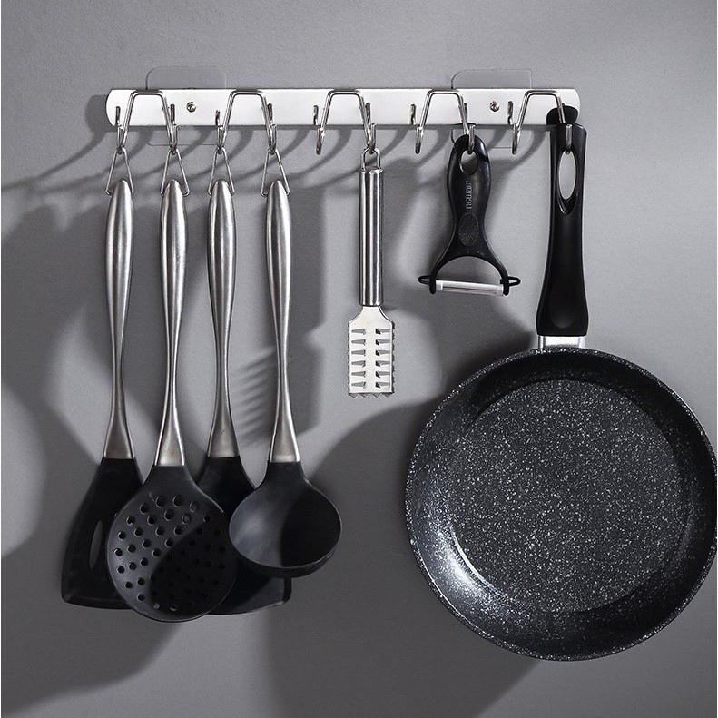 Thanh Ngang Treo Nhà Tắm Nhà Bếp Dán Tường Tiện Lợi, Móc Treo Đồ Đa Năng 10 Móc