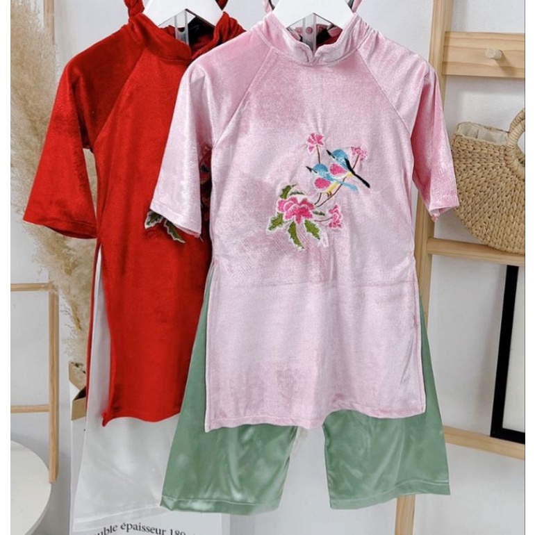 Áo dài cách tân bé gái thêu hoa chất nhung mềm mại 2 chi tiết