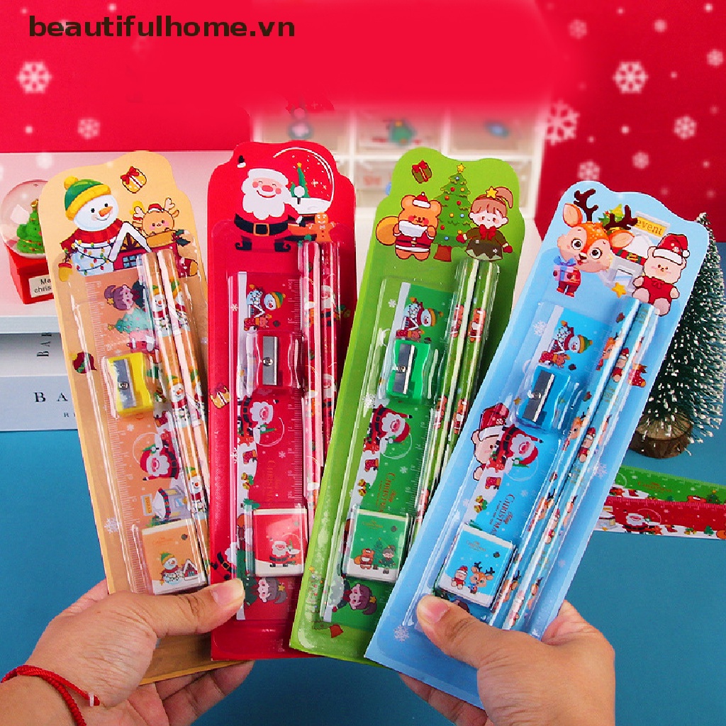 [beautifulhome] 5Pcs/Set Cute Cartoon Stationery Set Christmas Stationery Set Pencil Sharpener Eraser Ruler Set Gift Student Stationery Children's Day Gifts [beauty]