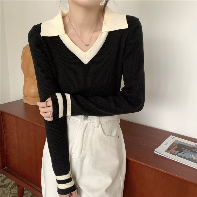 NRVP Áo nữ tay dài màu sắc tương phản phong cách Hàn Quốc mới 2023