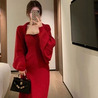 Set Đầm Và Áo Khoác Cardigan Màu Đỏ Phong Cách Thời Trang Mới 2022
