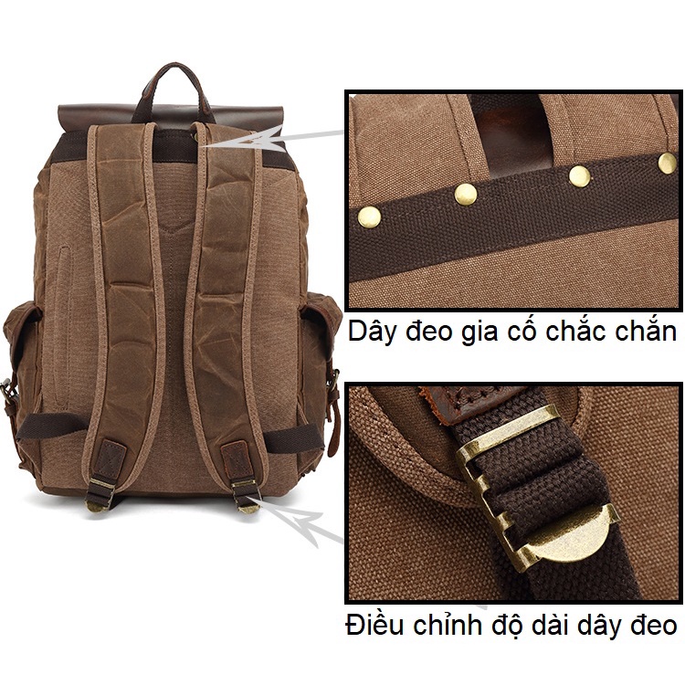 Balo canvas sáp, da thật, khoá đồng cao cấp