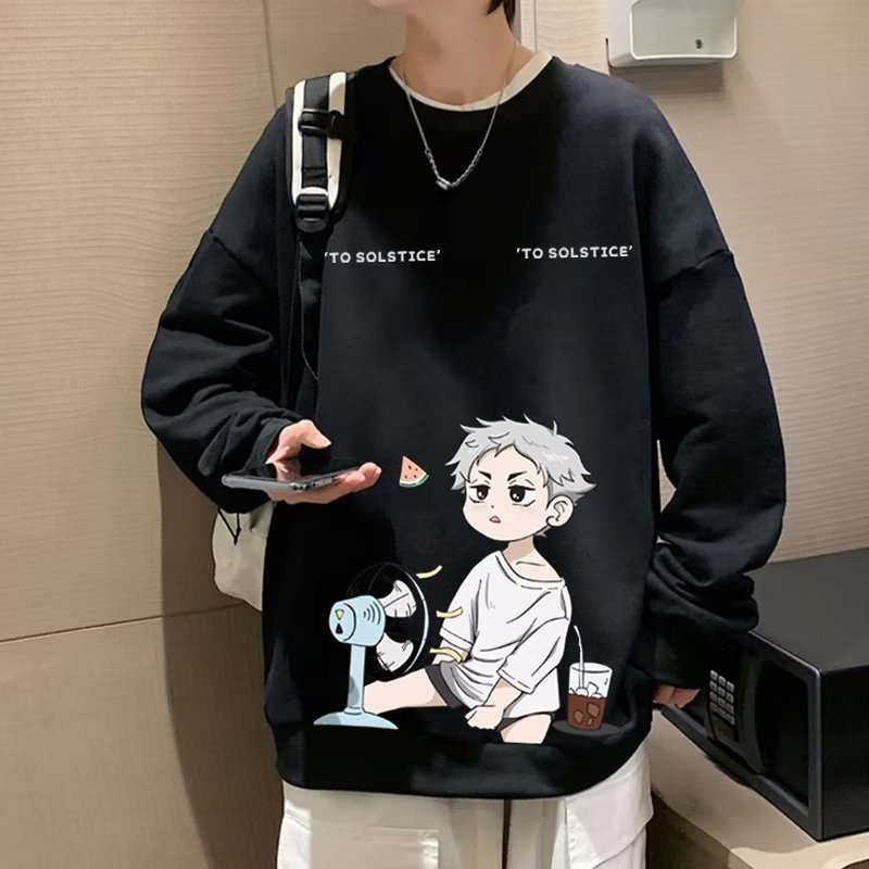 Áo Sweater Chui Đầu Dáng Rộng Tay Dài Cổ Tròn In Hình Truyện Tranh Mùa Hè Thu Giảm Giá Cho Nam Sinh