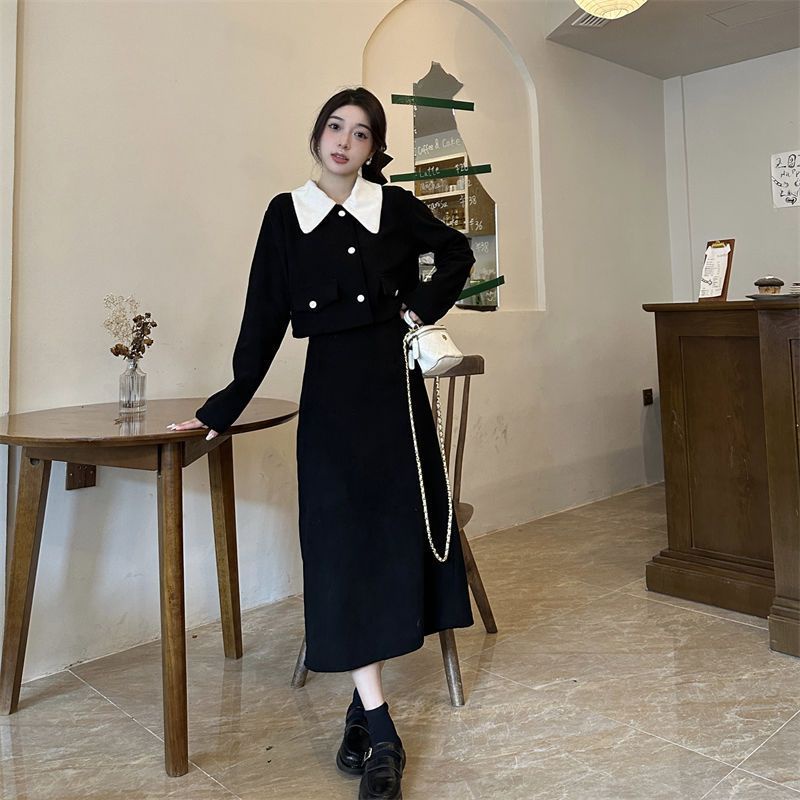 Bộ Áo Khoác Tay Dài Cổ Búp Bê + Chân Váy Dài Thời Trang Thu Đông Cho Nữ