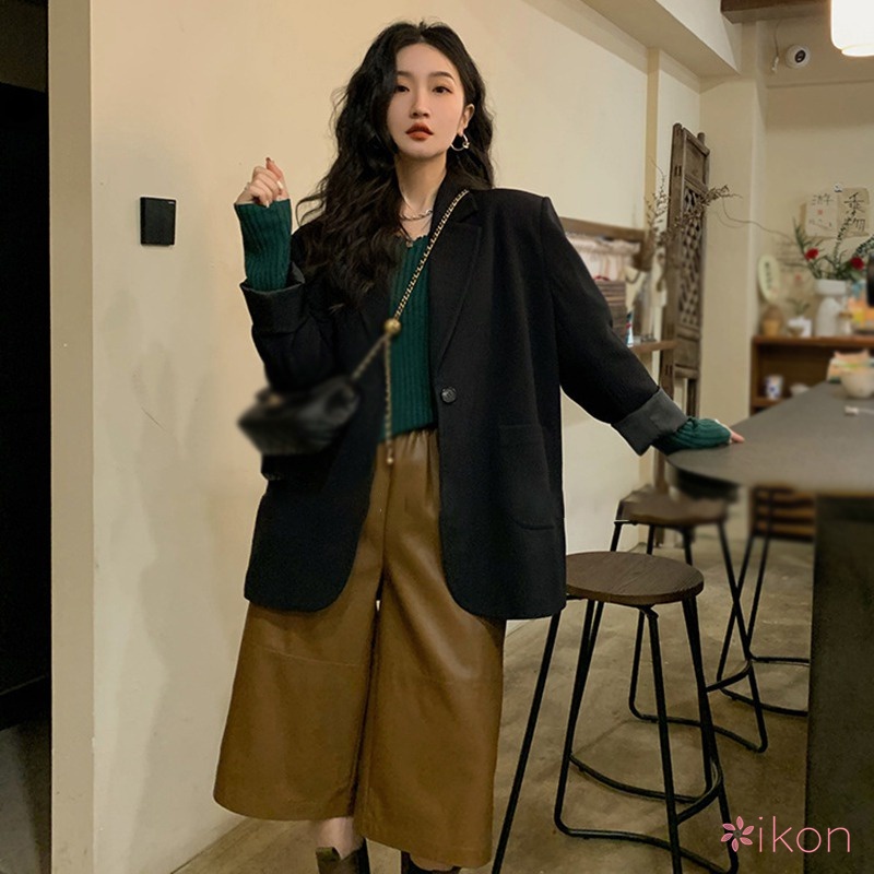 Áo Khoác Nữ Tay Dài Cổ Bẻ Dáng Rộng Phong Cách Retro Hàn Quốc