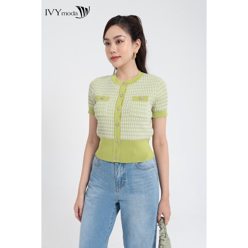 Áo len nữ viền màu họa tiết thêu IVY moda MS 77M7792