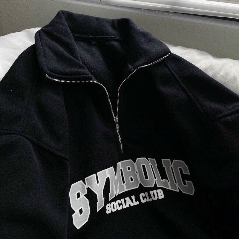 Áo Hoodies Nữ Chui Đầu Vải Nỉ Phối Khóa Cổ Trụ In Chữ Form Rộng Mặc Đẹp NEW UNISEX