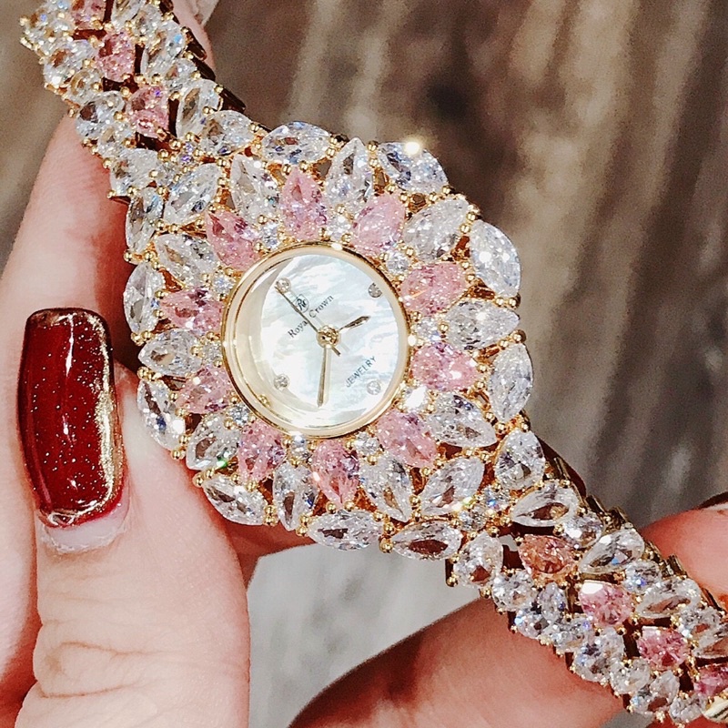 Đồng hồ Royal Crown 2035 mặt tròn hoa tuyết đính đá màu dây kim loại chính hãng